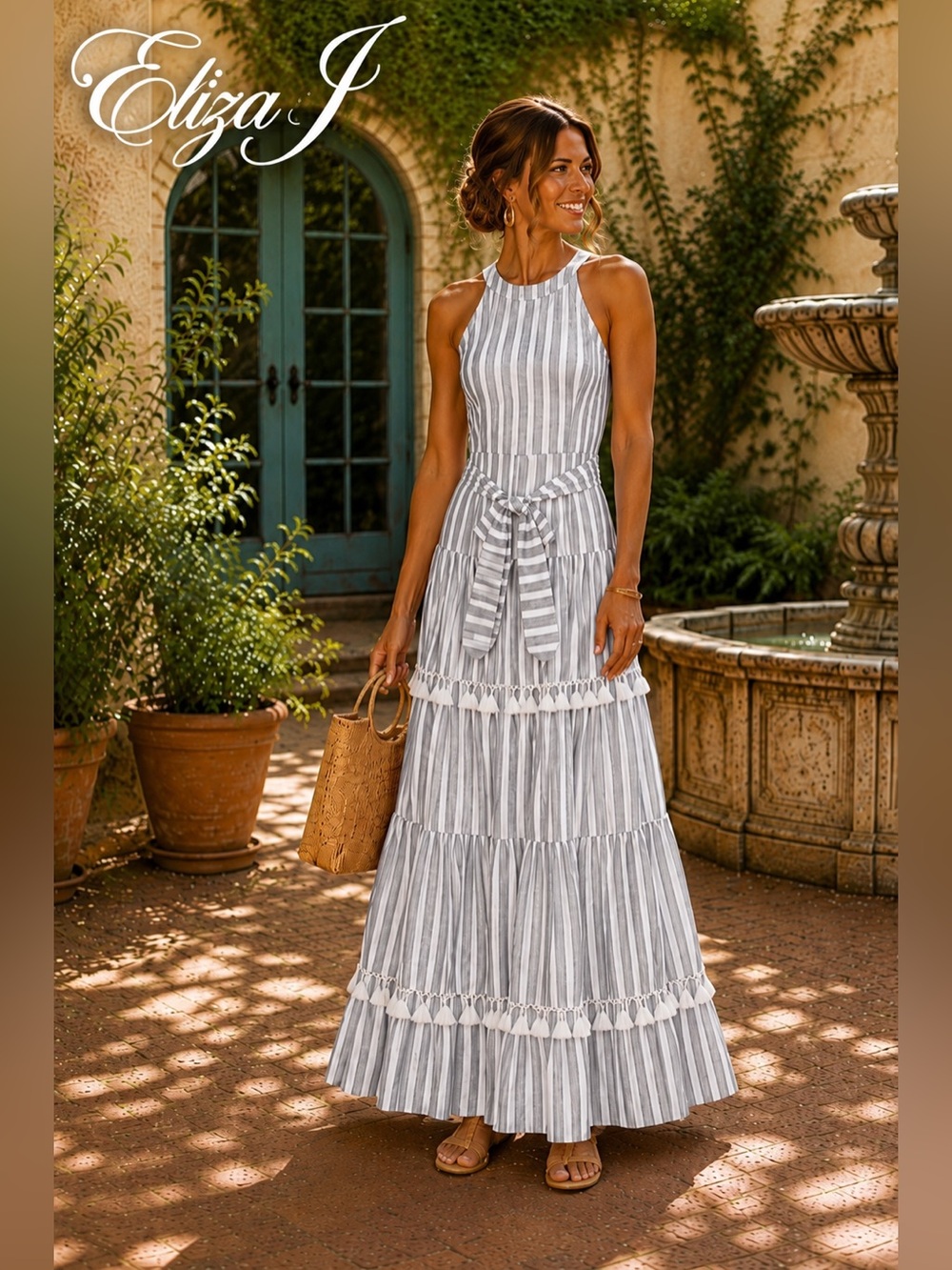 Eliza J,Chambray Gray & White,Tassel, Tiered Cotton Dress Belted Lined Size 6(P)